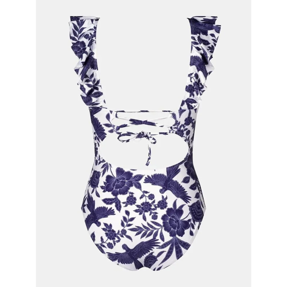 Women's White Ruffled One Piece Swimsuit V Neck Lace Up - Picture 8 of 8